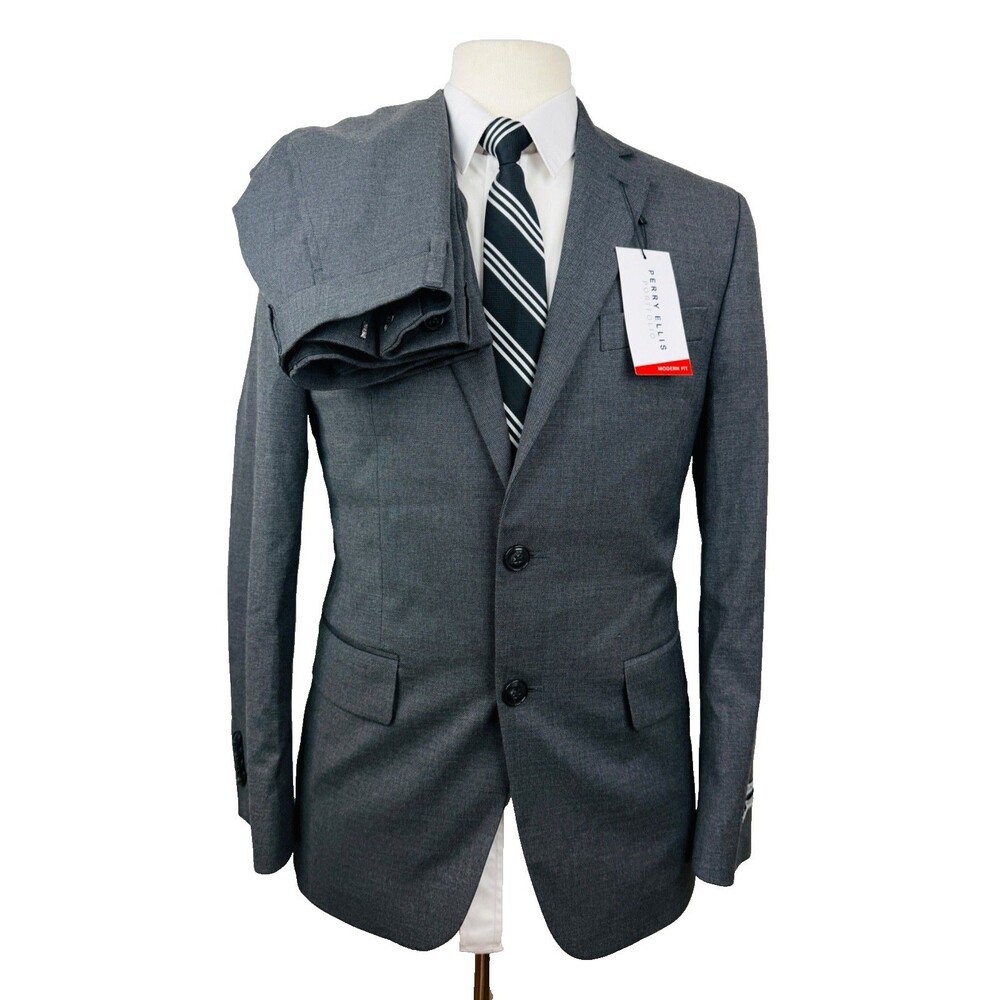 $395 NEW PERRY ELLIS MENS 36S SOLID GRAY 2 PIECE SUIT WITH DRESS PANTS 30X30